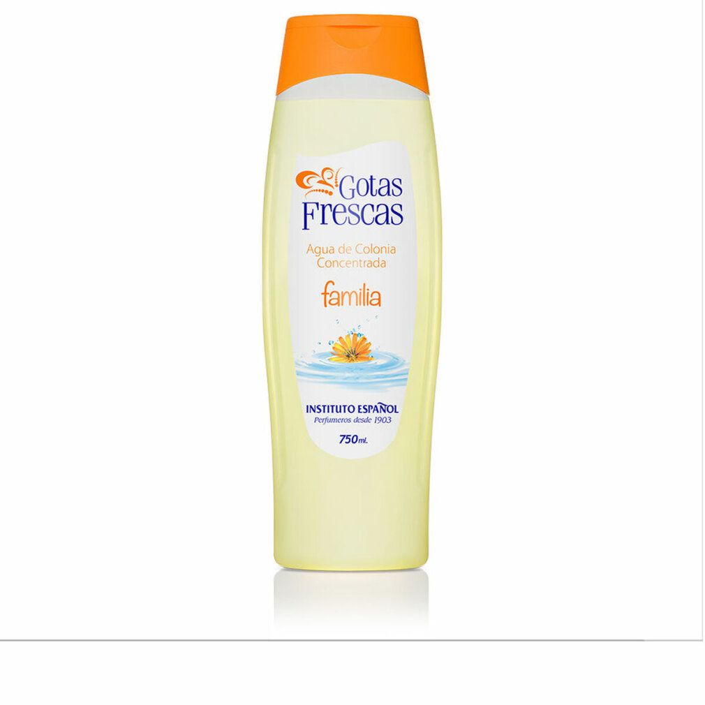 Flacone giallo con tappo arancione. Scritta: Gotas Frescas, Agua de Colonia Concentrada, familia. INSTITUTO ESPAÑOL, 750ml.