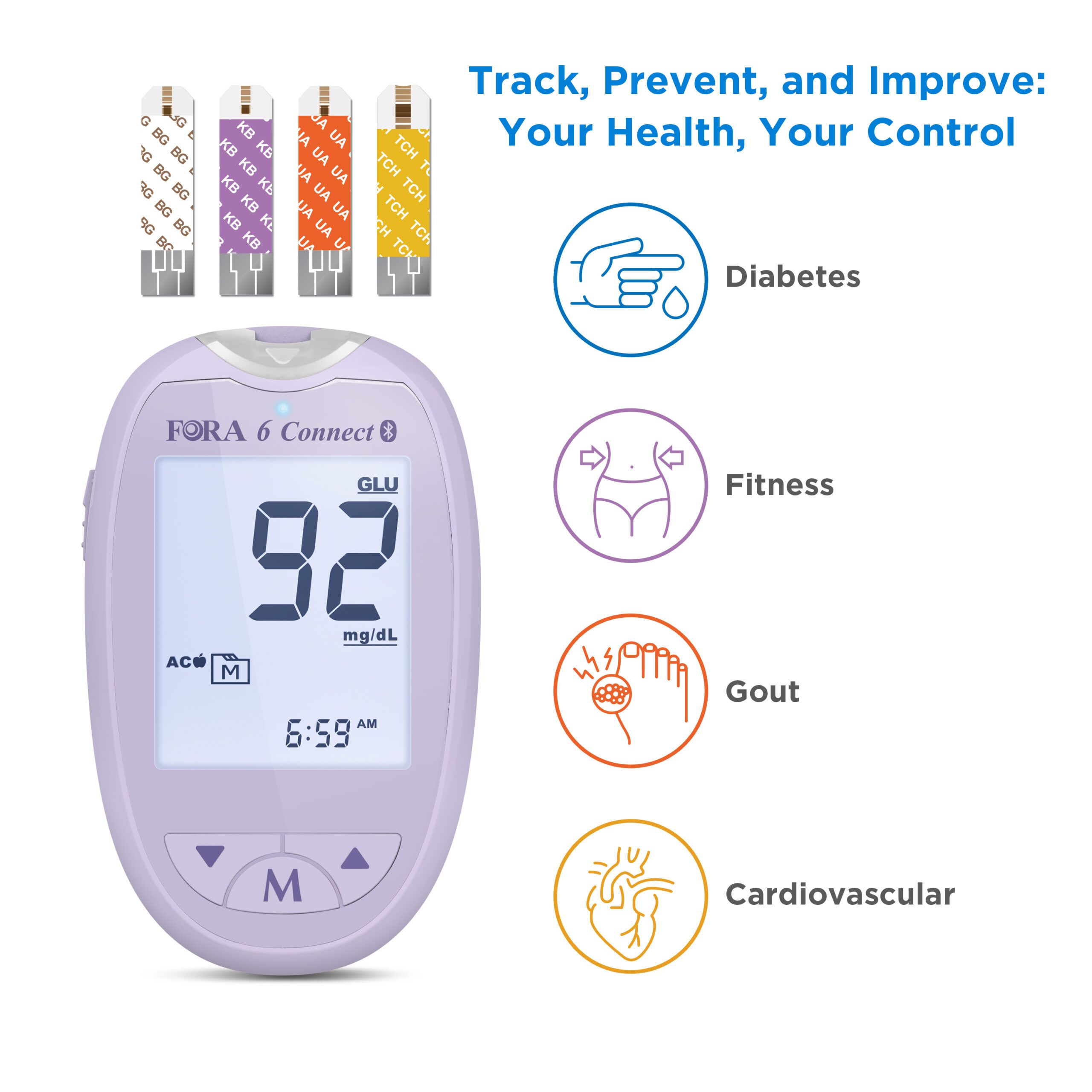 Misuratore glicemia FORA 6 Connect. Dispositivo lilla con display, mostra 92 mg/dL. Strisce reattive in alto. Simboli per diabete, fitness, gotta e cardiovascolare.