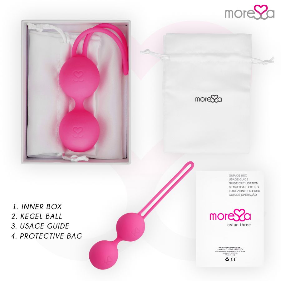 Prodotto con accessori: scatola interna, sfera di Kegel, guida per l'uso, sacchetto protettivo. Testo: INNER BOX, KEGEL BALL, USAGE GUIDE, PROTECTIVE BAG, Moressa Osian Three.