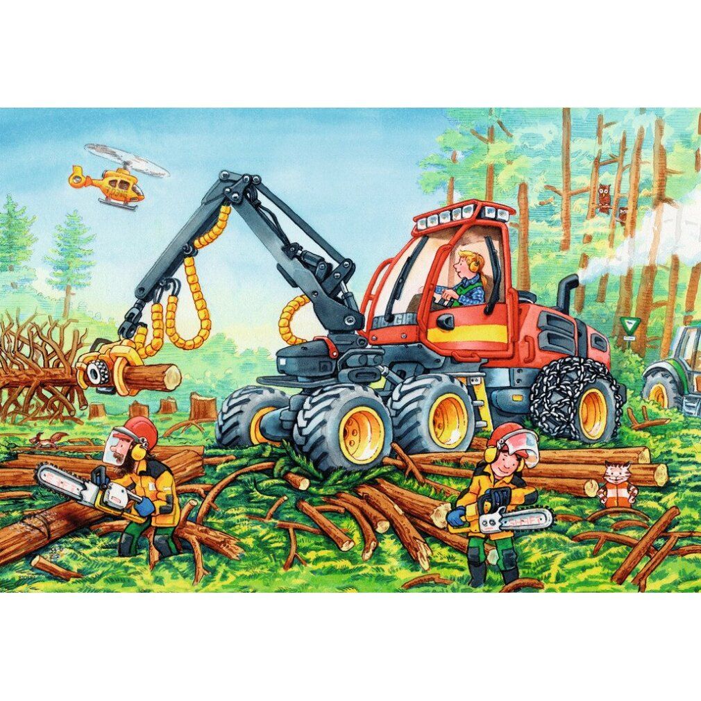 Puzzle con macchina forestale rossa in un paesaggio boschivo. Operai con motoseghe, tronchi. Elicottero sullo sfondo. Puzzle Ravensburger.