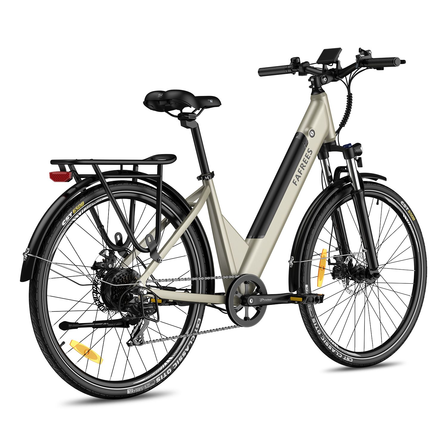 E-bike Fafrees F28 Pro, beige, dettagli neri. Portapacchi, parafanghi, pneumatici CST. Marchio visibile.
