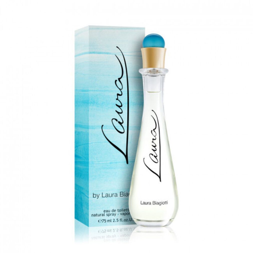 Flacone di profumo con tappo blu e scritta Laura. Accanto, una scatola con la scritta Laura.