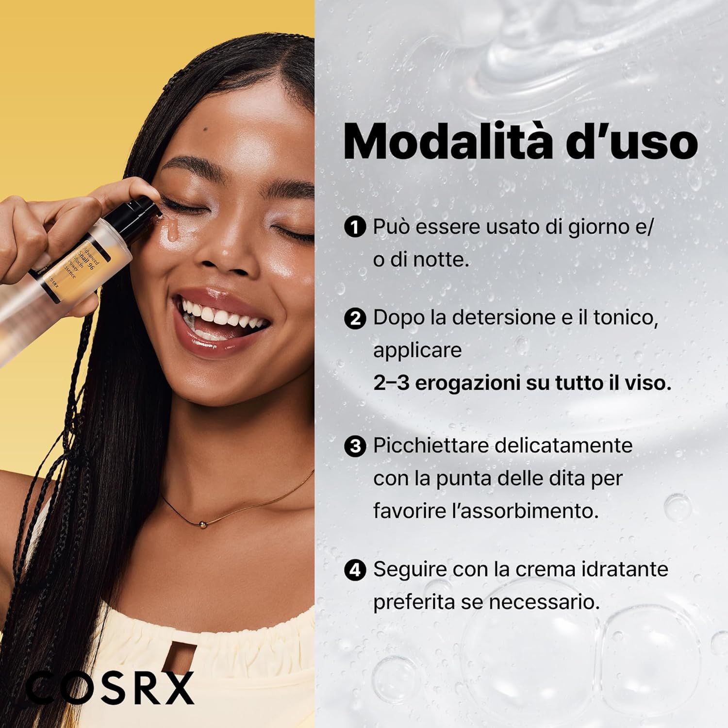 Donna applica prodotto. Testo: Uso: giorno/notte, 2-3 erogazioni, tamponare. COSRX.