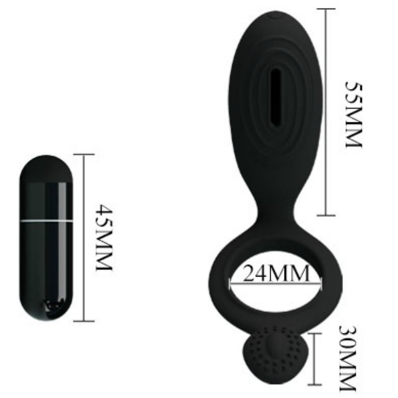 Anello vibrante in silicone nero con elemento vibrante e vibratore oblungo separato. Misure in mm: 55, 45, 24, 30.