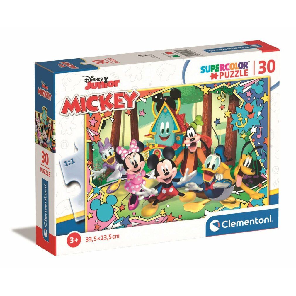 Scatola puzzle con Topolino e amici. Contiene 30 pezzi. Marca: Clementoni. Per bambini dai 3 anni in su. Dimensioni: 33,5 x 23,5 cm.