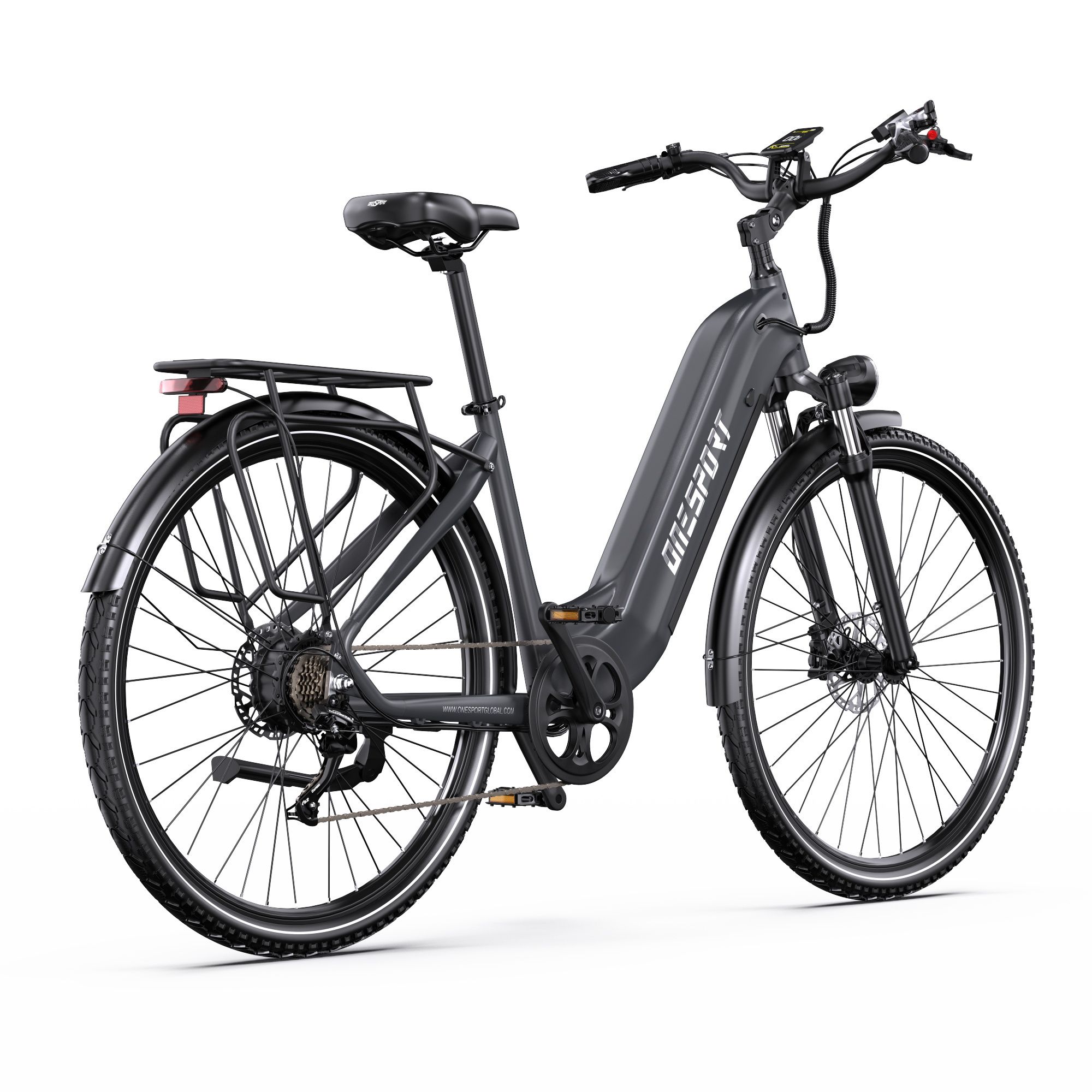 E-bike Onesport OT05Pro grigia. Visibili: portapacchi, fanalino, parafanghi, freni a disco. Scritta: ONESPORT.
