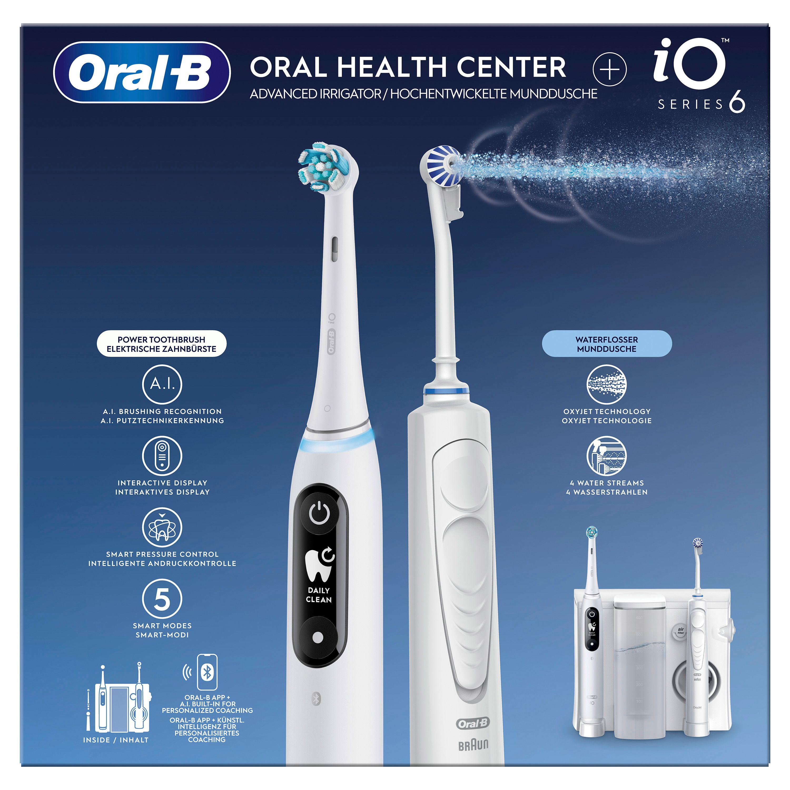Oral-B Munddusche OxyJet + iO 6 bianca. Due spazzolini, uno con testina, uno con beccuccio per doccia orale. Scritta: Oral-B, iO Series 6.
