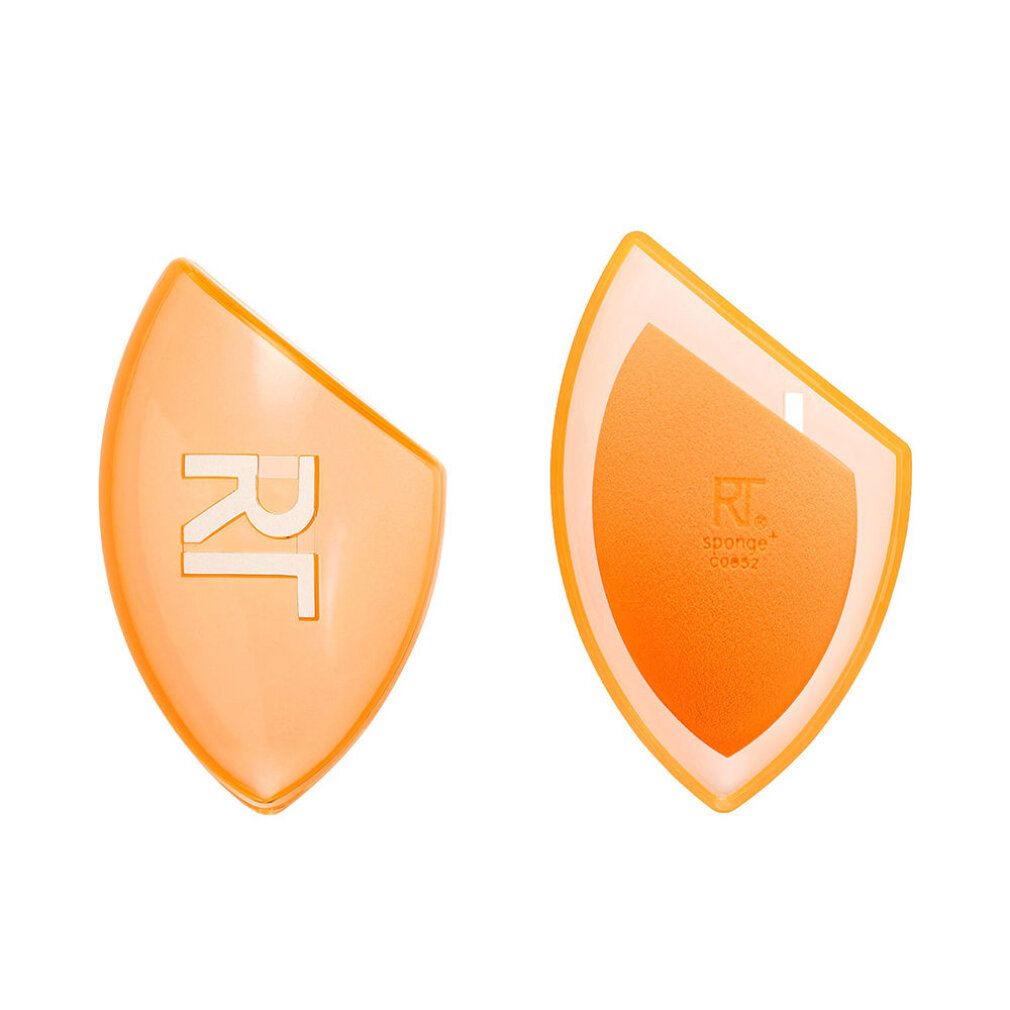 Due spugne per trucco arancioni in un astuccio trasparente. Sull'astuccio è visibile il logo "RT".