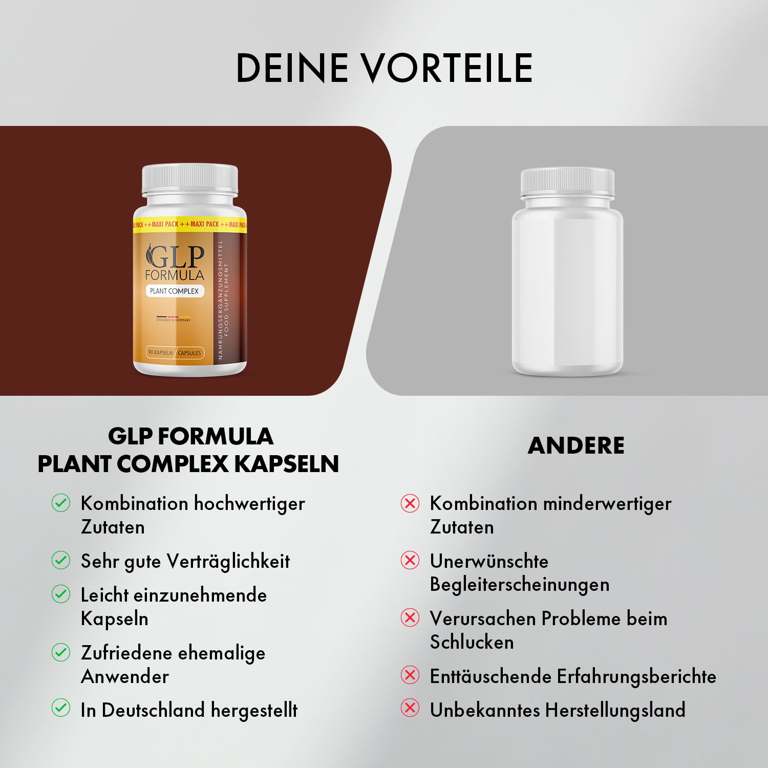 Confronto: GLP Formula Plant Complex Kapseln vs. altri. Flacone vs. flacone vuoto. Testo: Vantaggi, ingredienti di qualità, buona tolleranza.