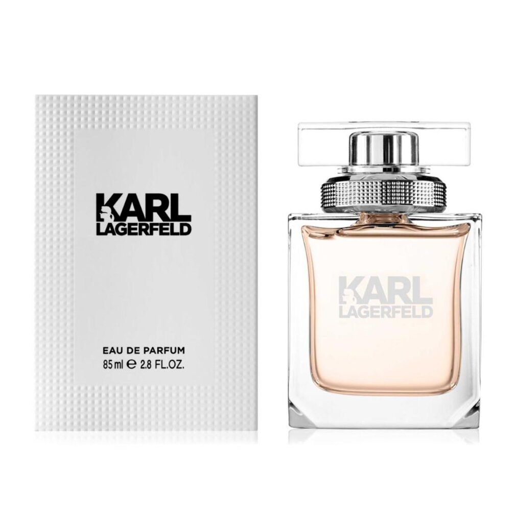 Spray Eau de Parfum e confezione. Flacone quadrato trasparente. Confezione bianca con logo. Testo: KARL LAGERFELD, Eau de Parfum.