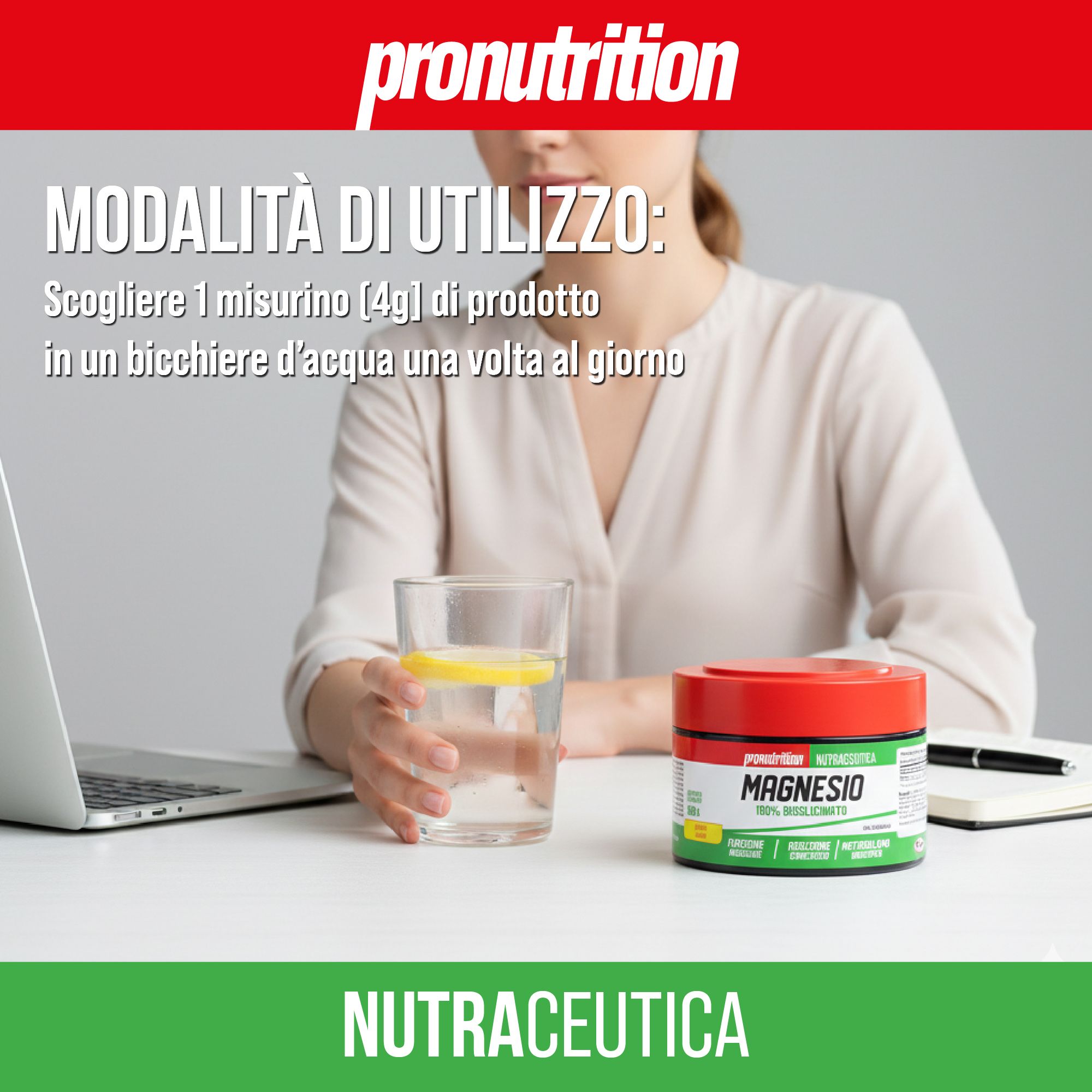 Barattolo Pronutrition Magnesio Bisglicinato con bicchiere d'acqua e limone.