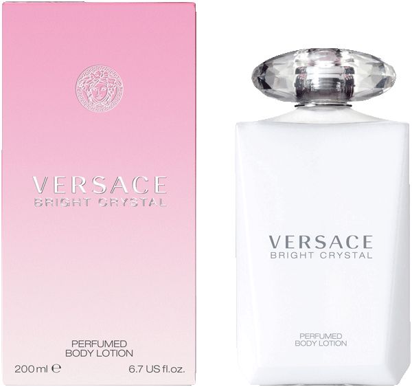 Flacone bianco e scatola rosa. Scritta: VERSACE BRIGHT CRYSTAL. PERFUMED BODY LOTION. 200ml.
