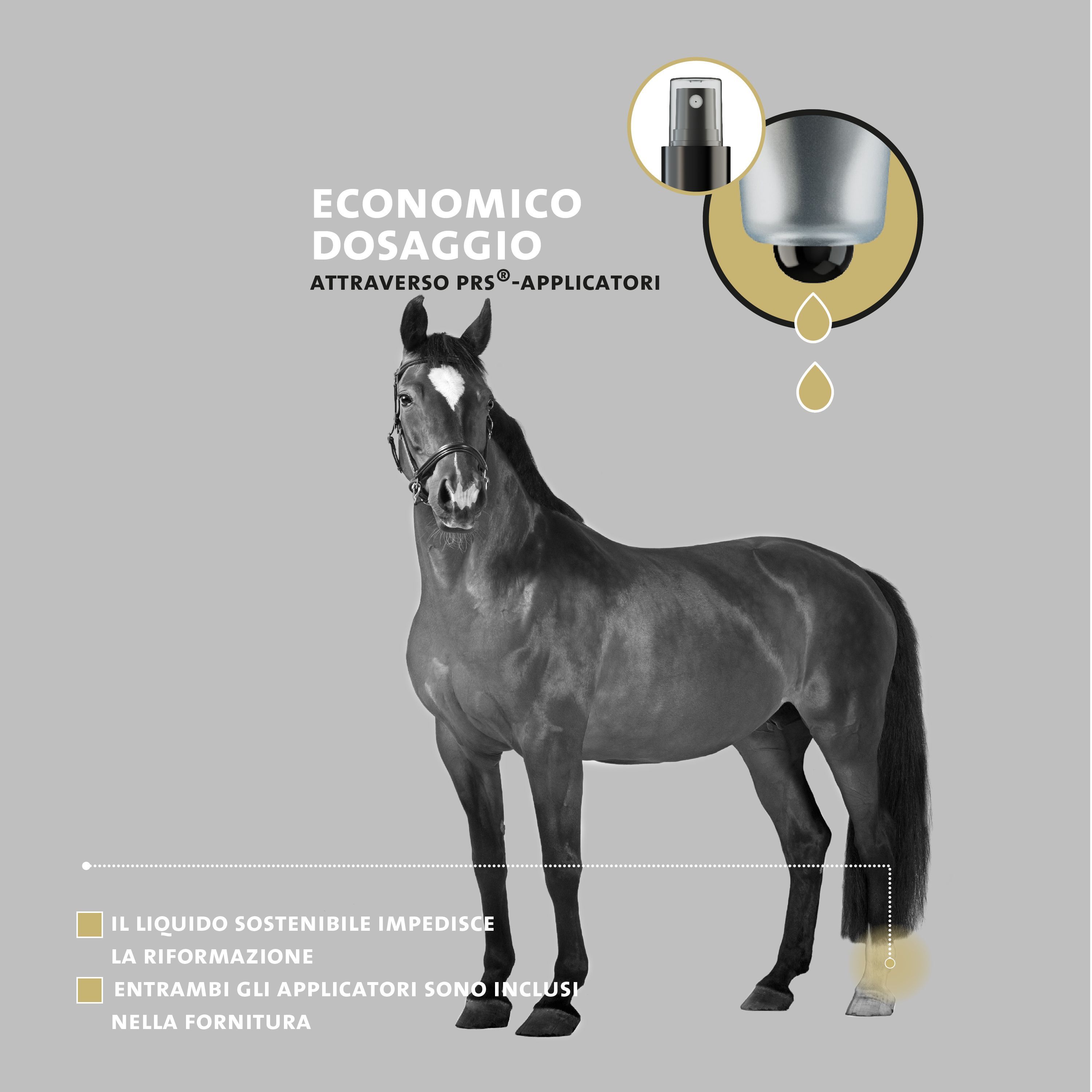 Cavallo grigio. Testo: Dosaggio economico tramite applicatori PRS. Testo: La cura sostenibile previene la formazione. Entrambi gli applicatori inclusi.