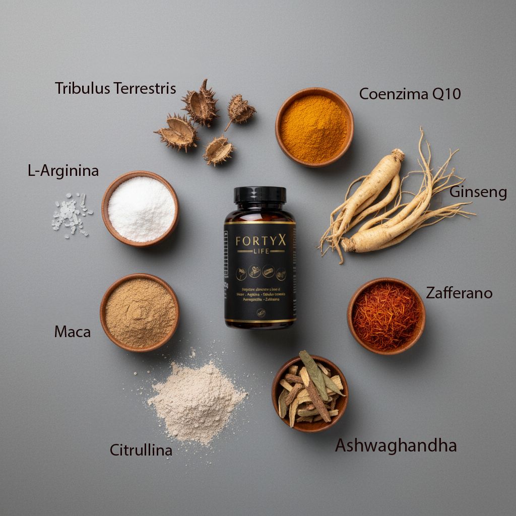 Presentazione piatta degli ingredienti. Contiene: Tribulus Terrestris, L-Arginina, Maca, Ginseng, Zafferano, Ashwagandha.