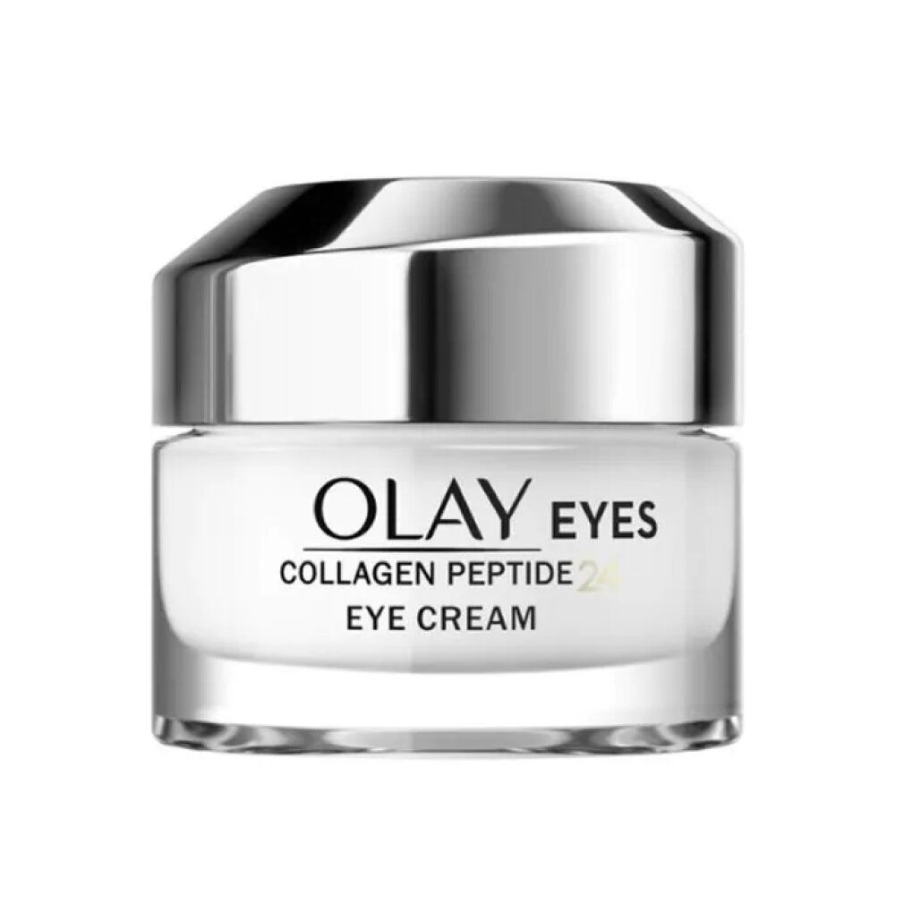 Vaso di crema con coperchio argentato. Scritta: Olay Eyes Collagen Peptide 24 Eye Cream.