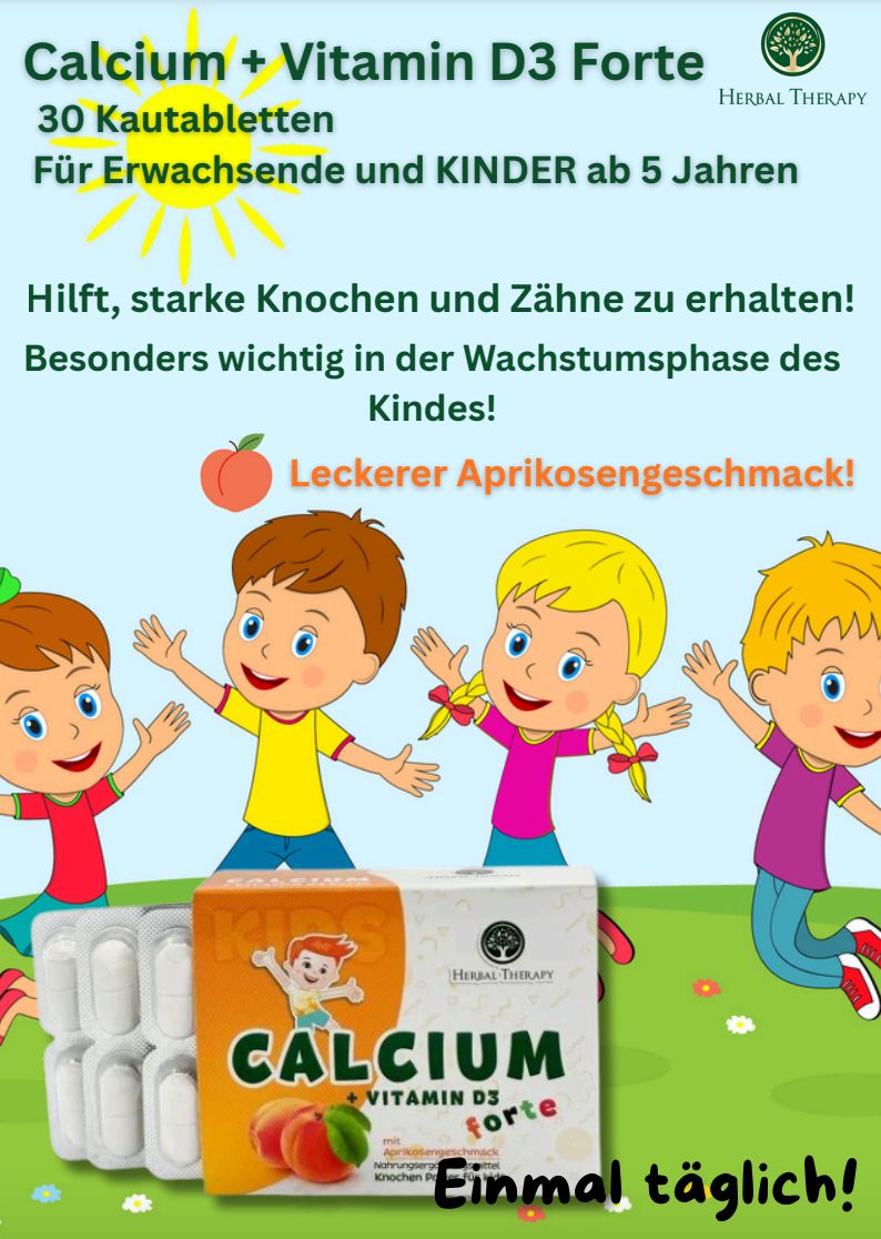 Immagine pubblicitaria con bambini e confezione del prodotto. Scritta: Calcium + Vitamina D3 forte. Logo: Herbal Therapy. Testo: Per bambini dai 5 anni.