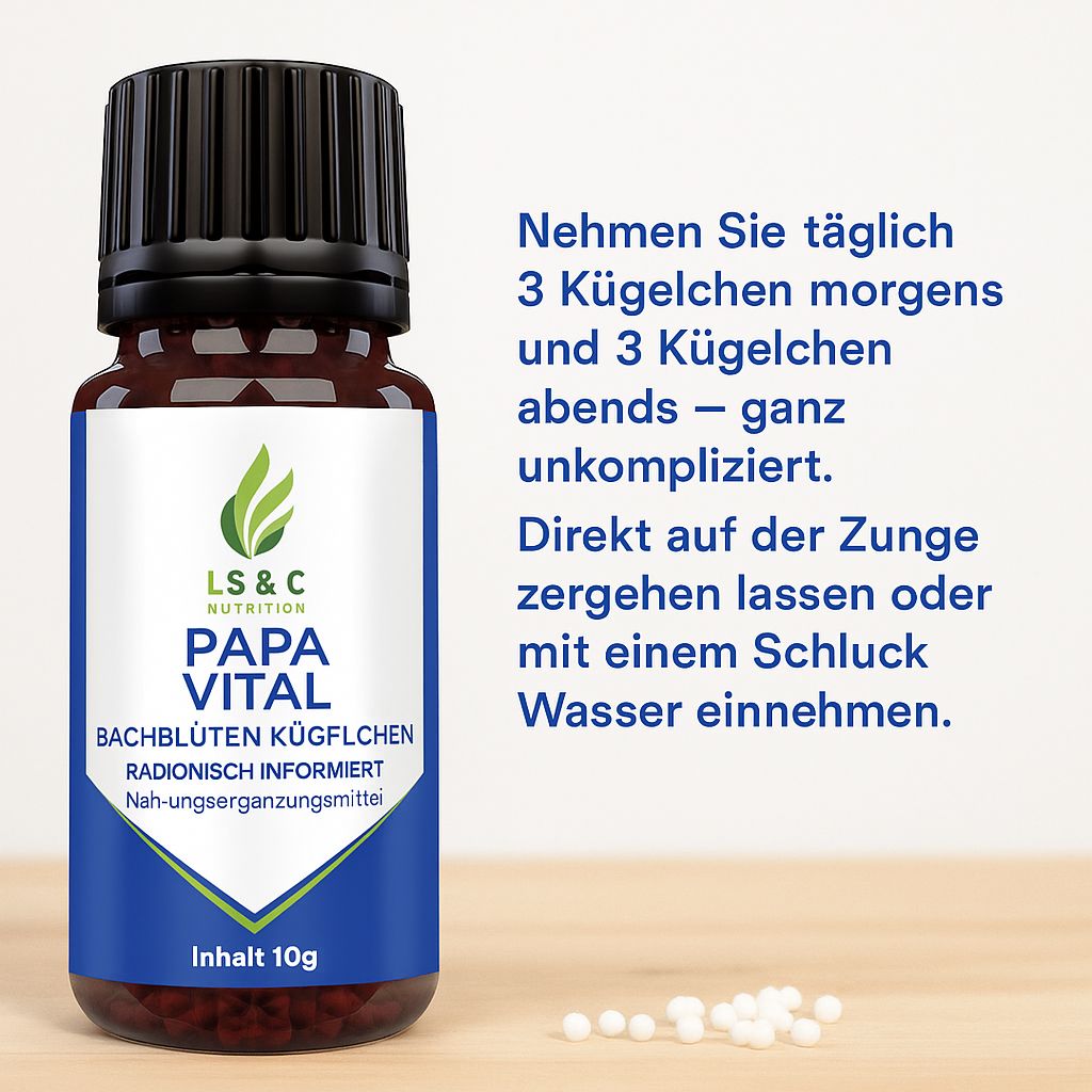 Flacone marrone con tappo nero. Etichetta Papa Vital. Testo: 3 granuli mattina e sera. Granuli su superficie in legno.