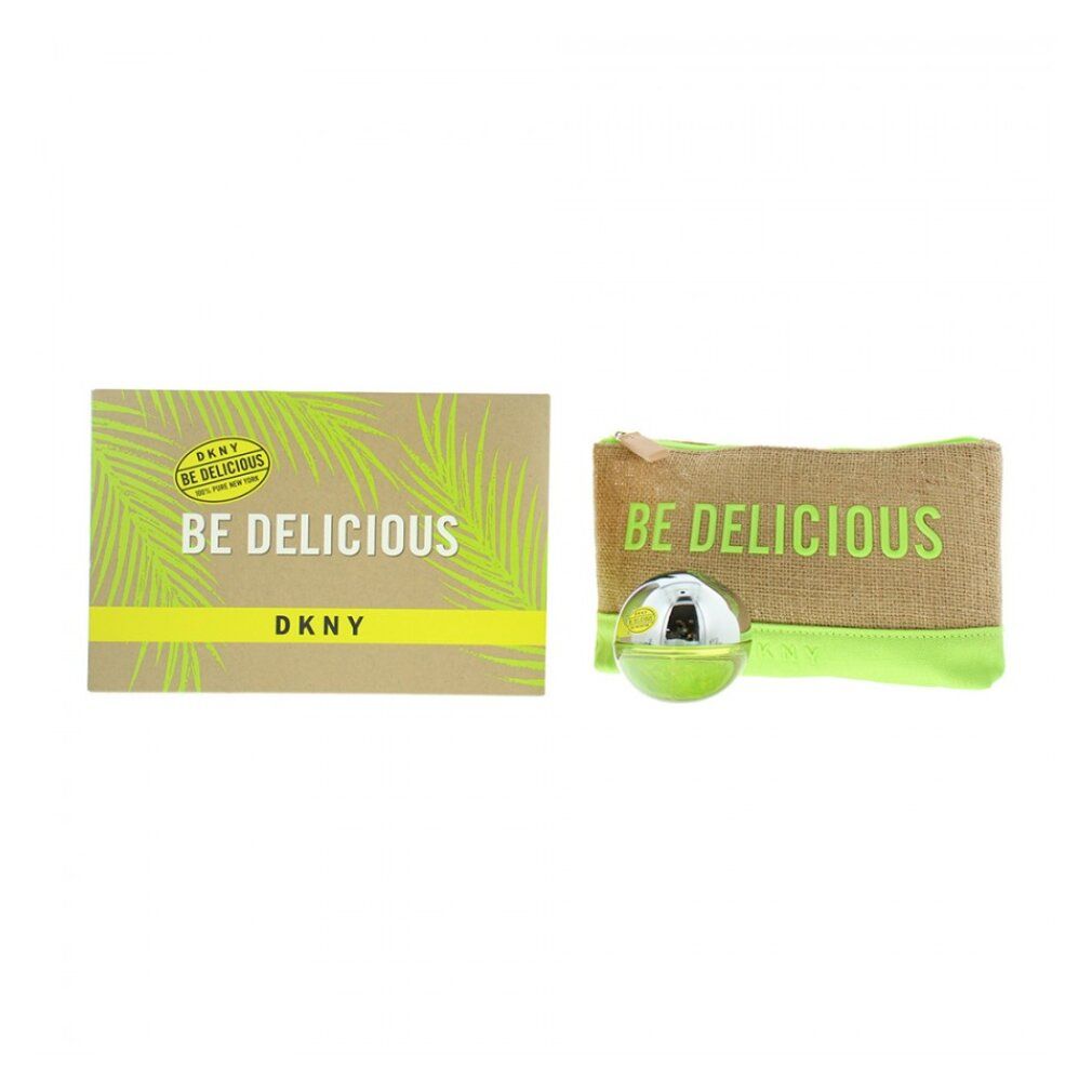 Set regalo con flacone di profumo, pochette e confezione. Scritta "BE DELICIOUS" e "DKNY". Flacone e pochette verdi.