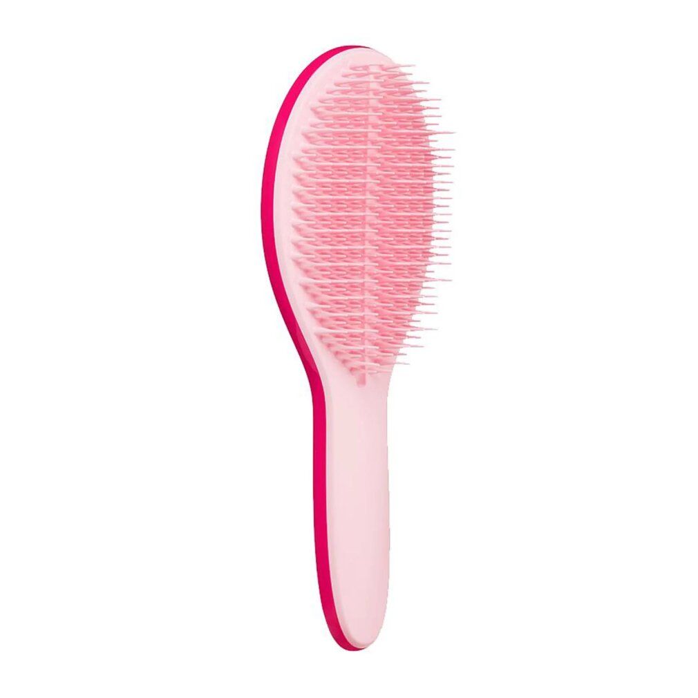Spazzola per capelli rosa e fucsia. Testina ovale con setole. Manico rosa chiaro. Vista frontale.