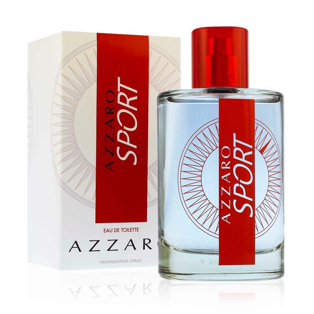 Flacone in vetro con tappo rosso e fascia rossa con scritta "AZZARO SPORT". Accanto, una scatola bianca con fascia rossa e logo.