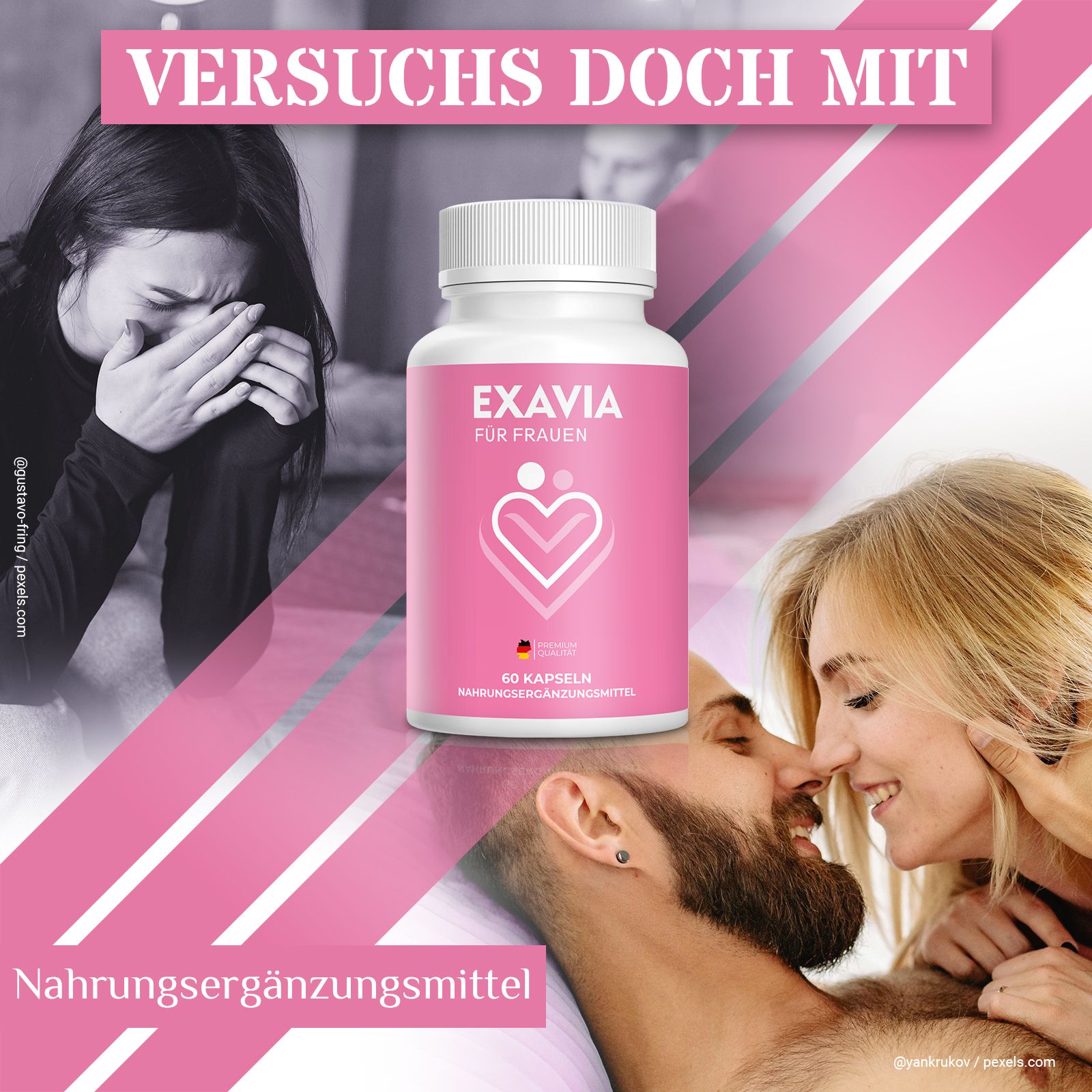 Flacone rosa con tappo bianco. Scritta: EXAVIA PER DONNE. Logo cuore. 60 capsule. Integratore alimentare. Sfondo: coppie, donna che piange.
