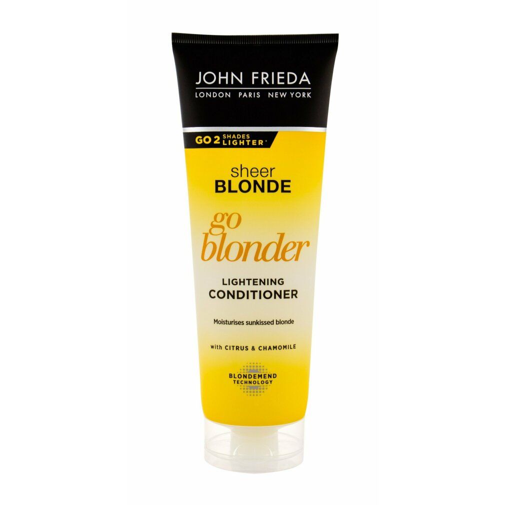 Tubo giallo con tappo nero. Scritta: John Frieda Sheer Blonde Go Blonder Lightening Conditioner. Contiene agrumi e camomilla.
