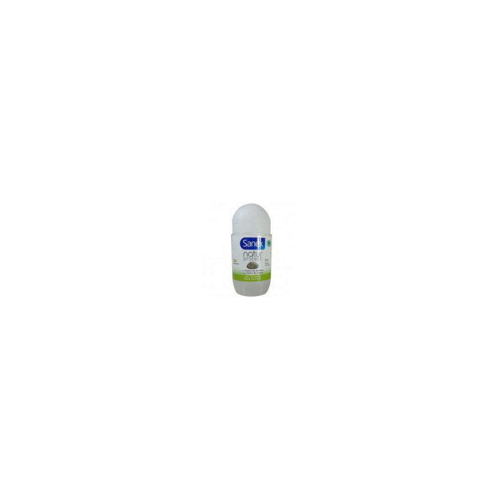 Deodorante roll-on Sanex Natur Protect. Contenitore bianco, tappo verde. Scritta: Sanex natur protect.