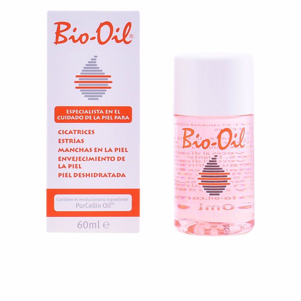 Flacone e confezione Bio-Oil. Bianco, arancione e rosa. Testo: cicatrici, smagliature, imperfezioni cutanee, invecchiamento cutaneo, pelle disidratata.