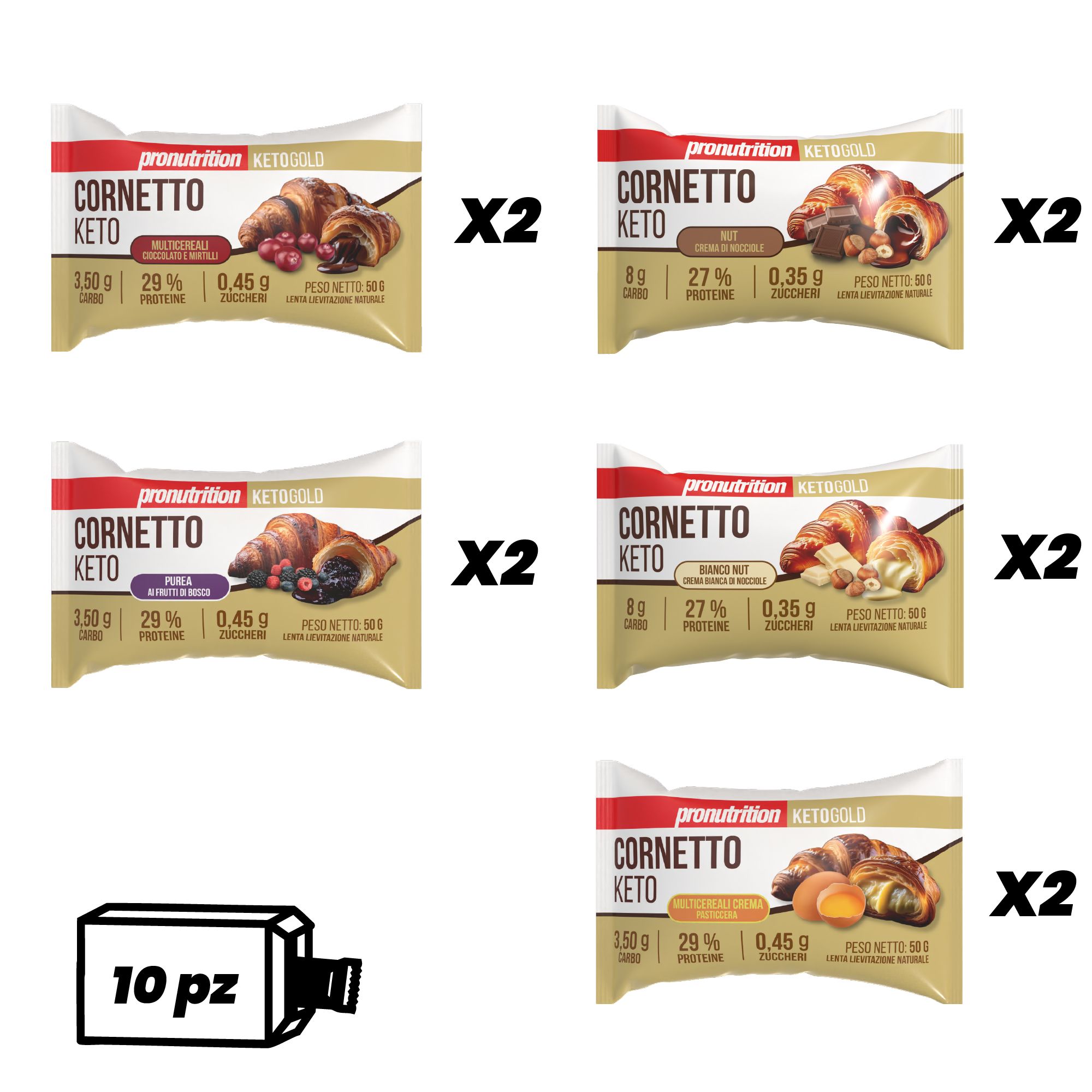 Più confezioni di Pronutrition Cornetto Keto. Diversi gusti. 10 pezzi per confezione.