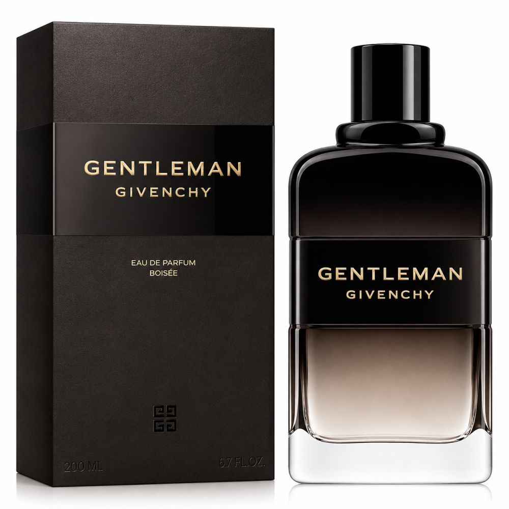 Flacone e scatola regalo nera Givenchy Gentleman Eau de Parfum con scritte dorate.
