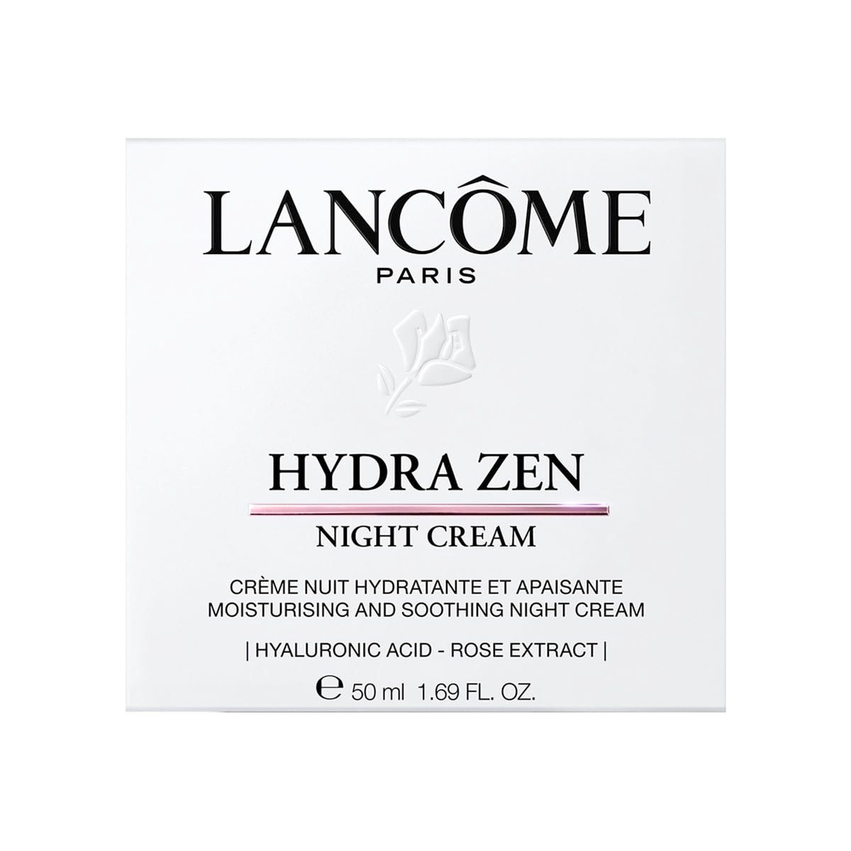 Confezione quadrata. Scritta: LANCÔME PARIS, HYDRA ZEN NIGHT CREAM. Testo: CRÈME NUIT HYDRATANTE ET APAISANTE, 50 ml 1.69 FL. OZ.