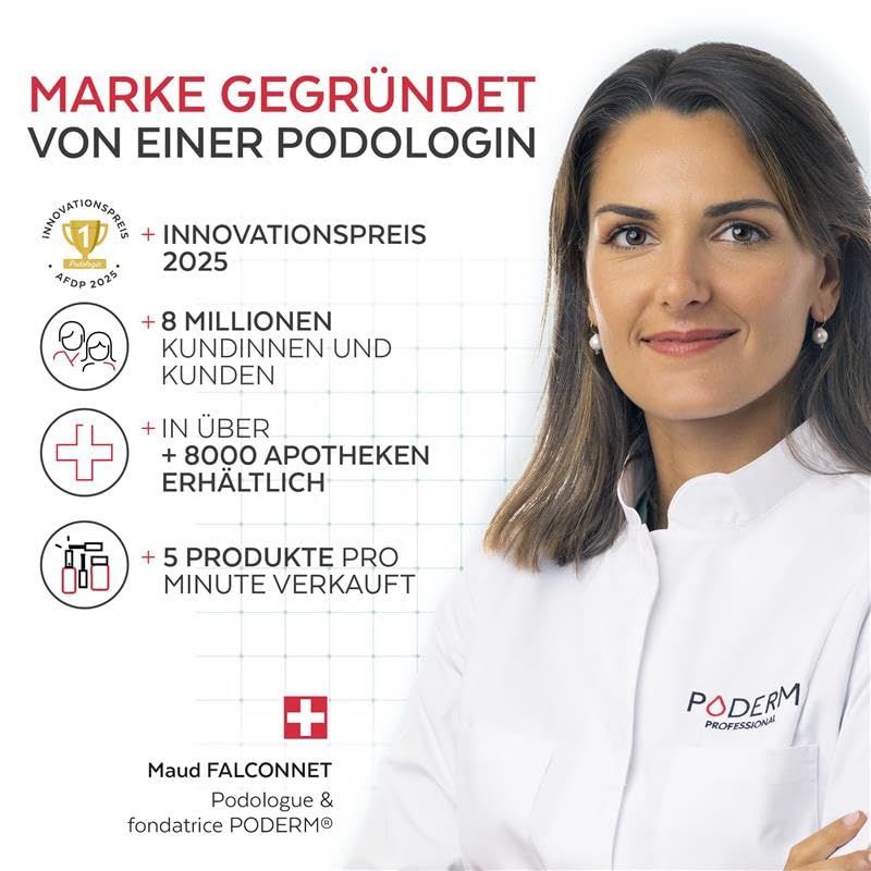 Donna con testo: Marchio fondato da una podologa. Premio Innovazione 2025. Disponibile in oltre 8000 farmacie. Swiss Made.