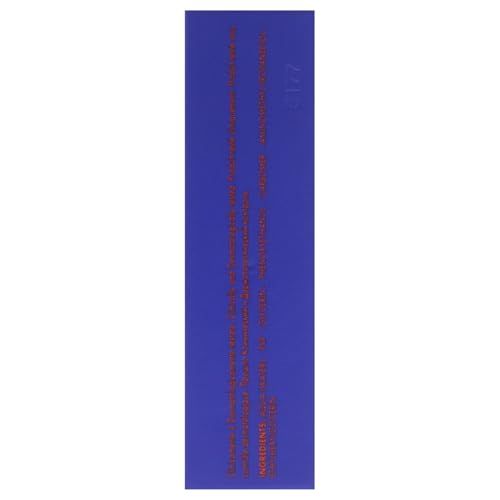 Confezione blu con testo arancione. Testo disposto verticalmente. Vista dettagliata.