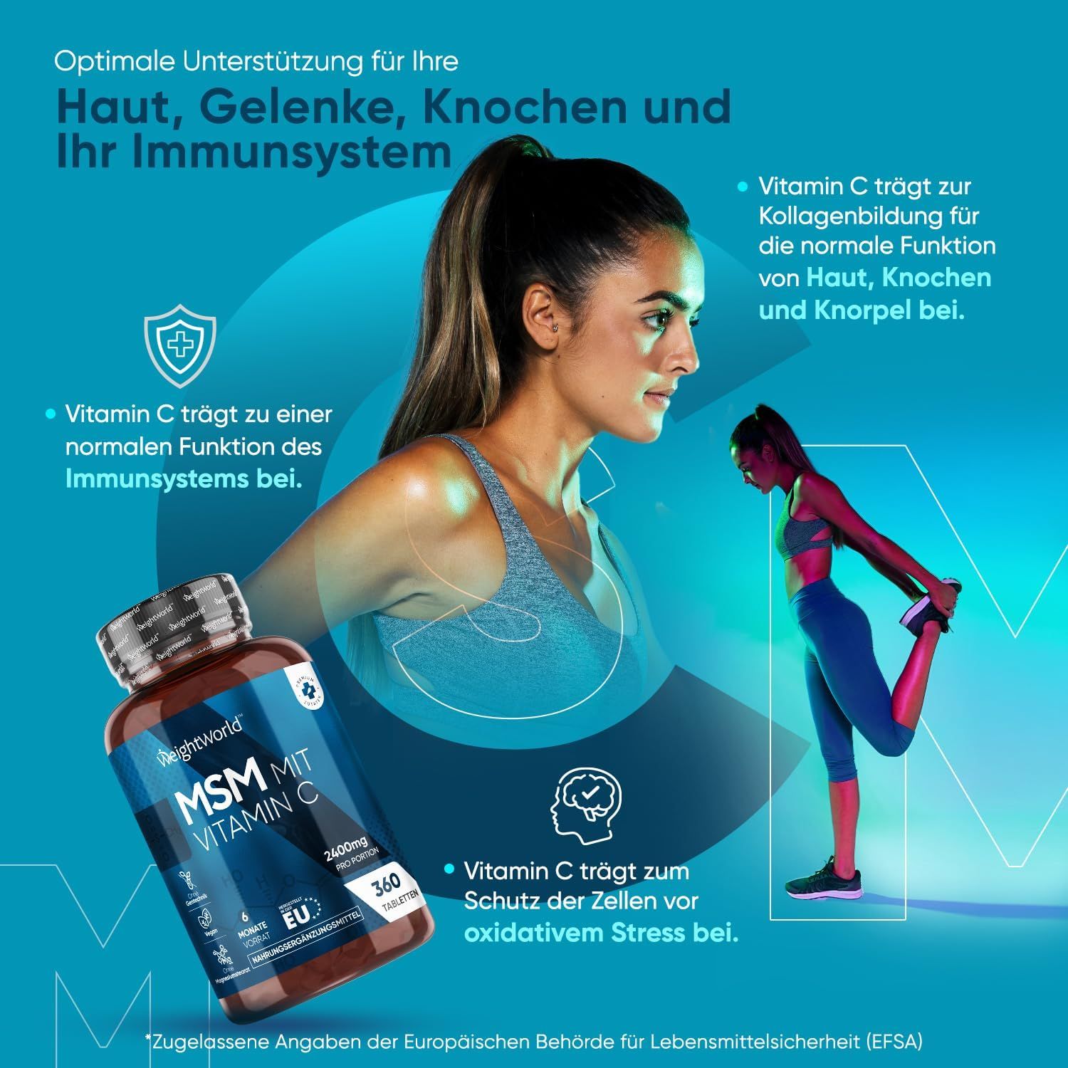 Donna che si allunga. Flacone MSM CON VITAMINA C. Testo: Pelle, articolazioni, ossa, sistema immunitario. 360 compresse.