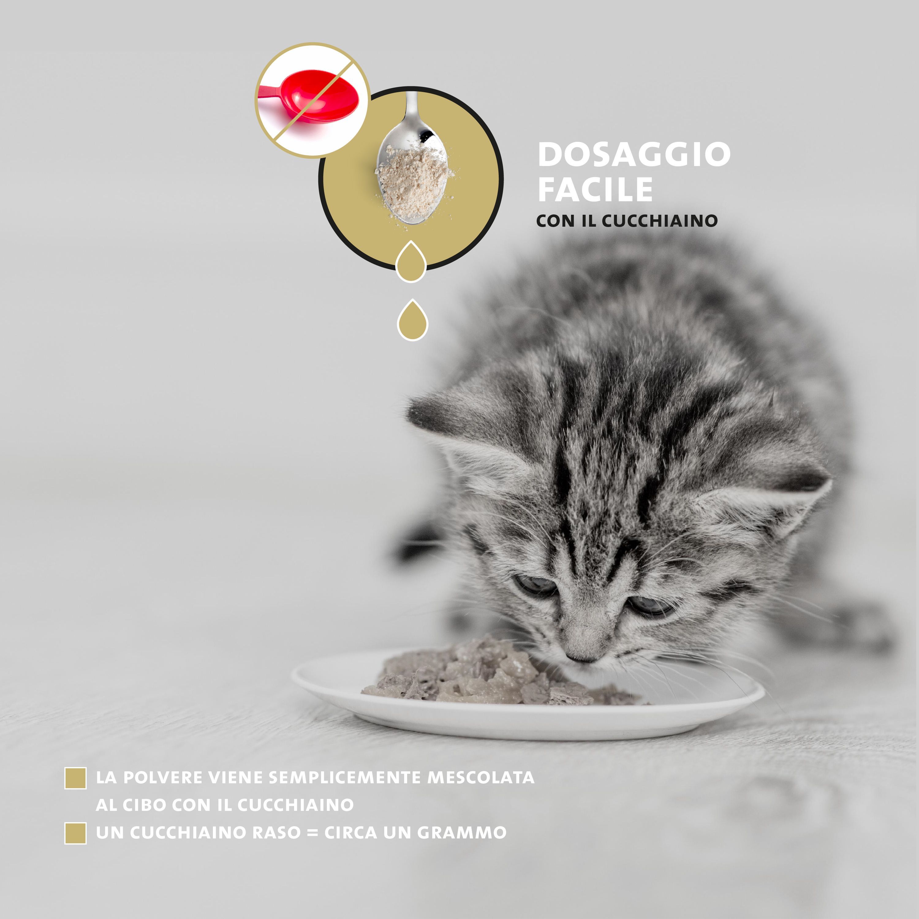 Descrizione prodotto italiana: Dosaggio facile con cucchiaio, gattino mangia.