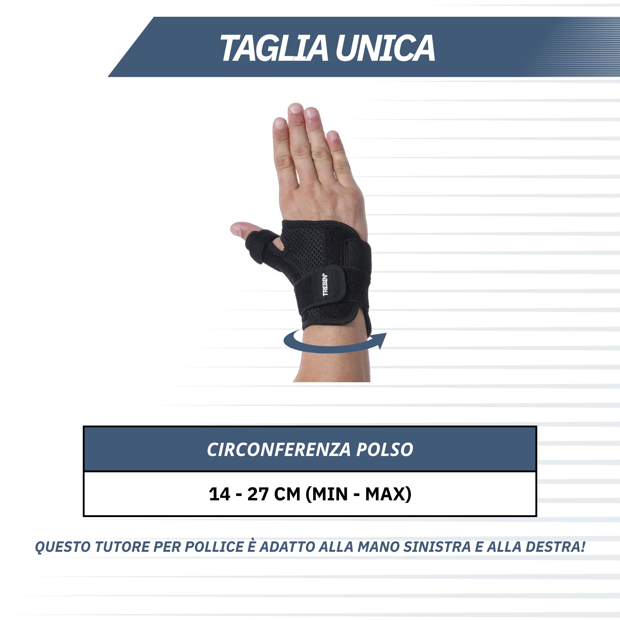 Stabilizzatore nero per polso e pollice con passante per il pollice e cinghie velcro regolabili.