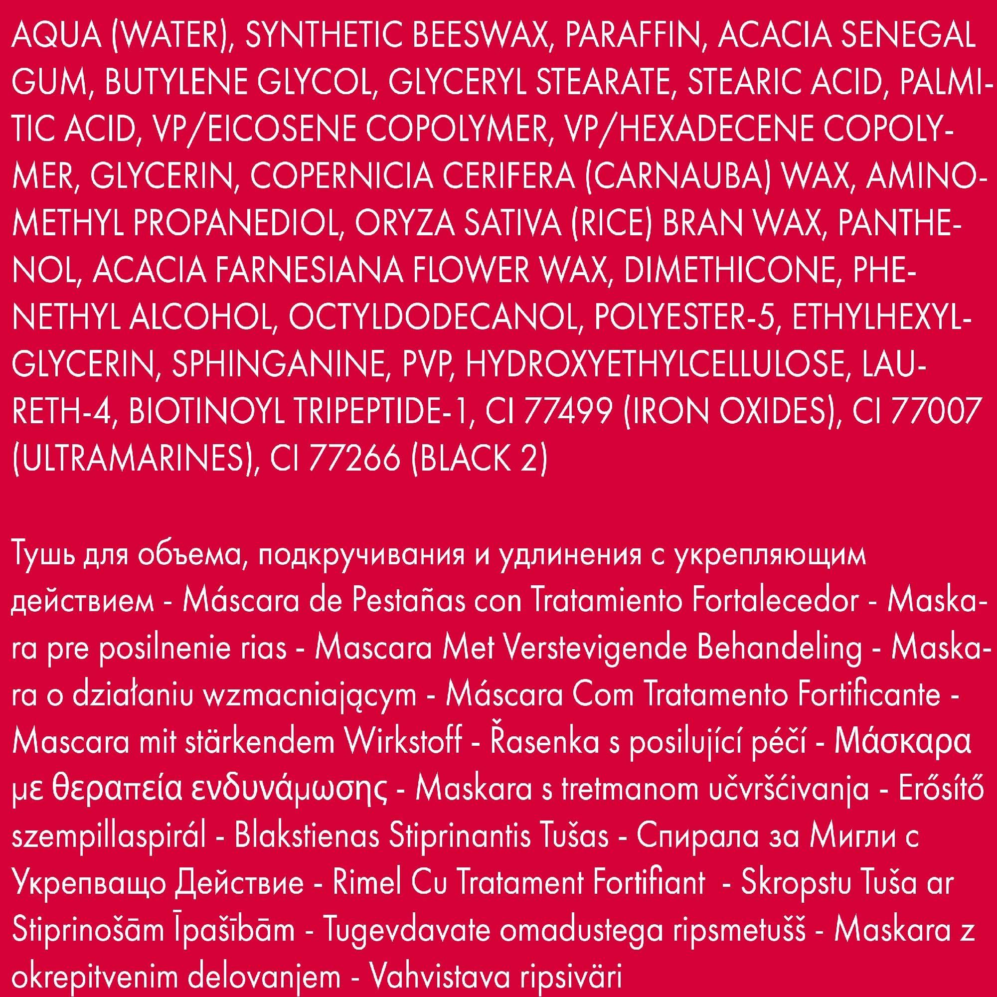 Elenco ingredienti mascara. Contiene Aqua, cere, polimeri e pigmenti.