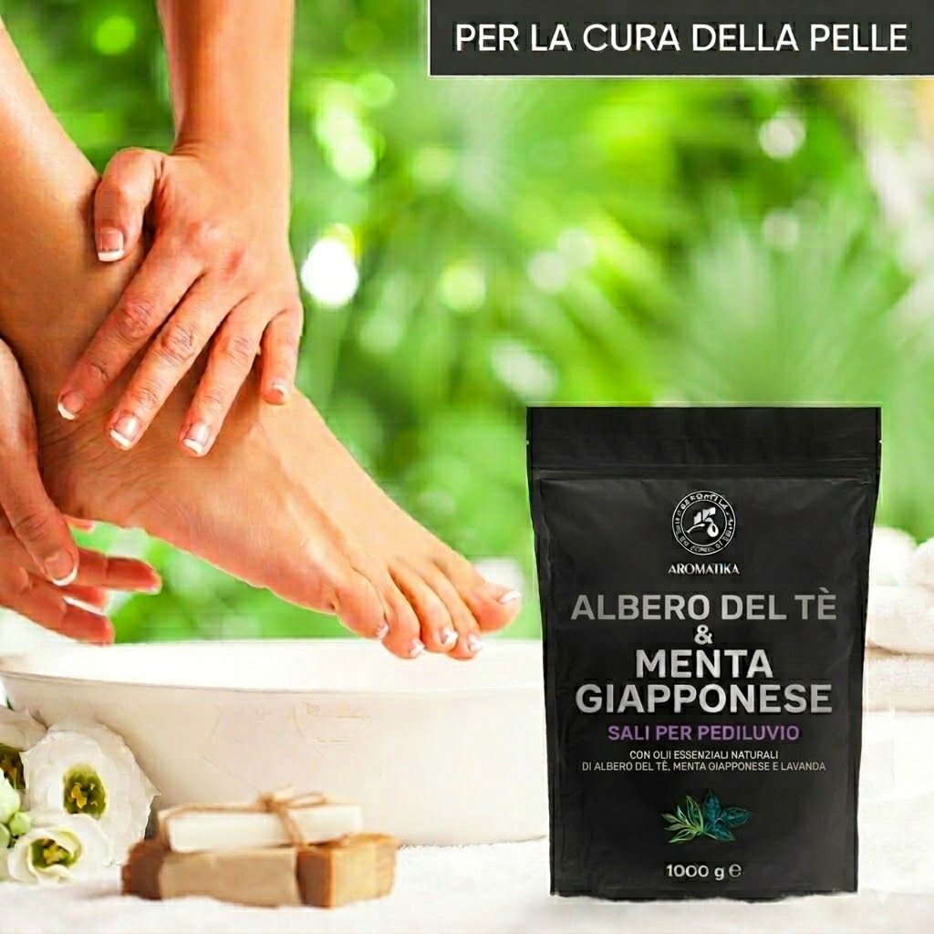 Piede in una ciotola con sali da bagno Tea Tree & Menta giapponese. Sacchetto nero, logo Aromatica, 1000 g. Sapone, fiori.
