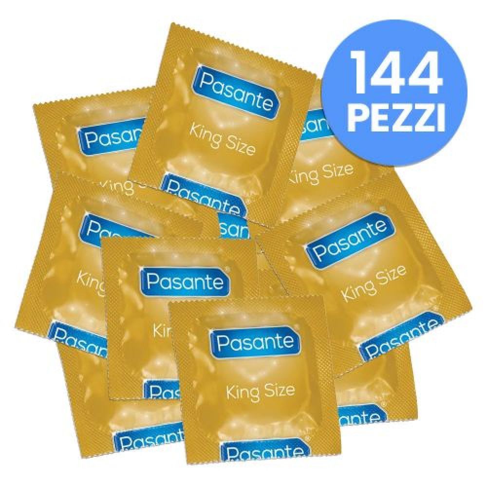 Diverse confezioni di preservativi dorati "Pasante King Size" con la scritta "144 PEZZI".