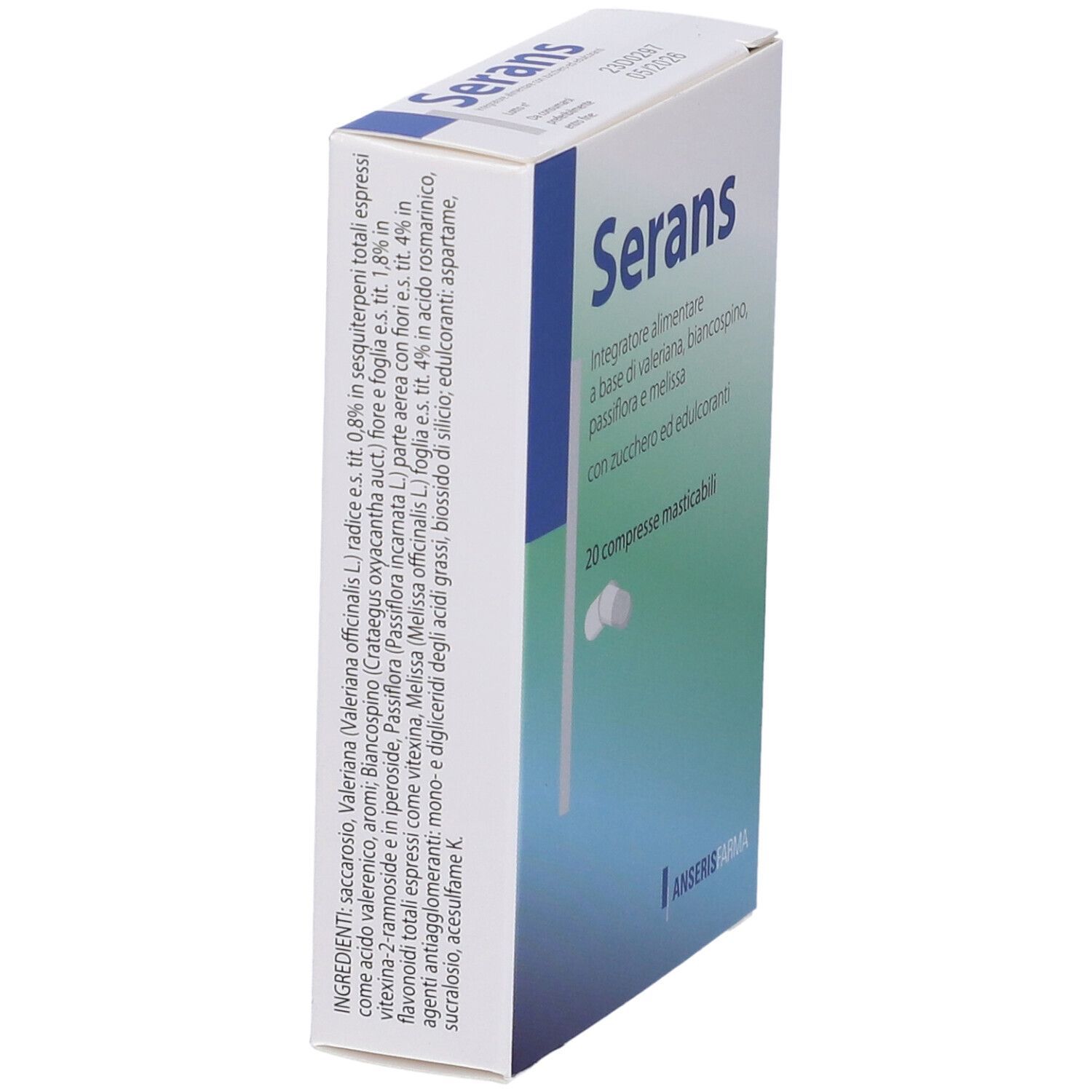 Scatola "Serans". Confezione bianca e blu. Testo in italiano. 20 compresse.