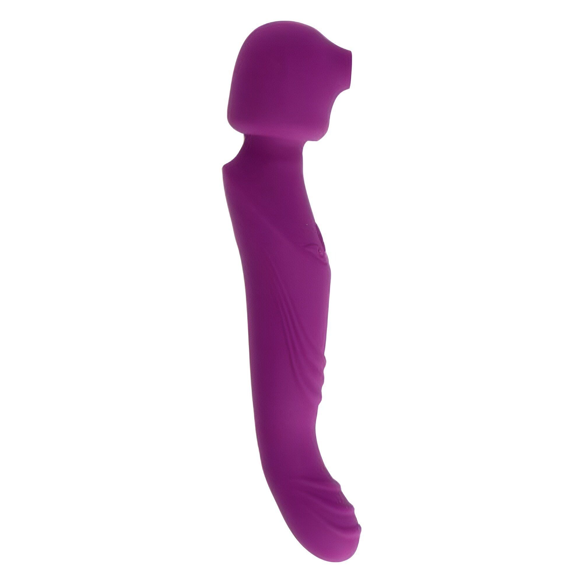 Massaggiatore viola con testa angolata e manico curvo. La forma è ergonomica.