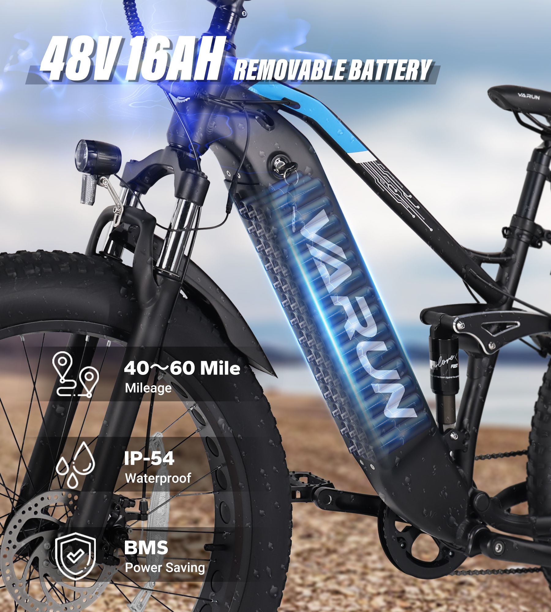 E-bike con batteria 48V 16Ah. Batteria rimovibile. Autonomia 40-60 miglia. IP-54 impermeabile. BMS.