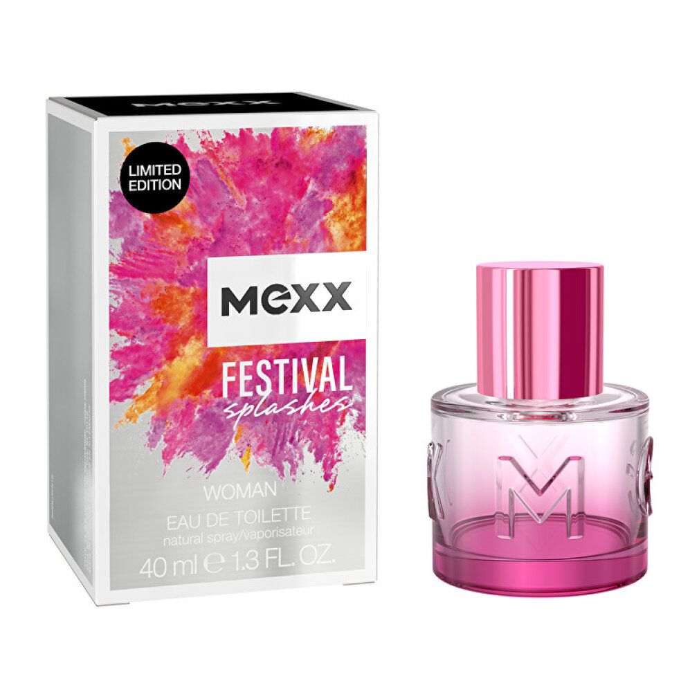 Mexx Festival Splashes Frau Eau de Toilette. Flacone e confezione. Colori rosa e argento. Edizione limitata.
