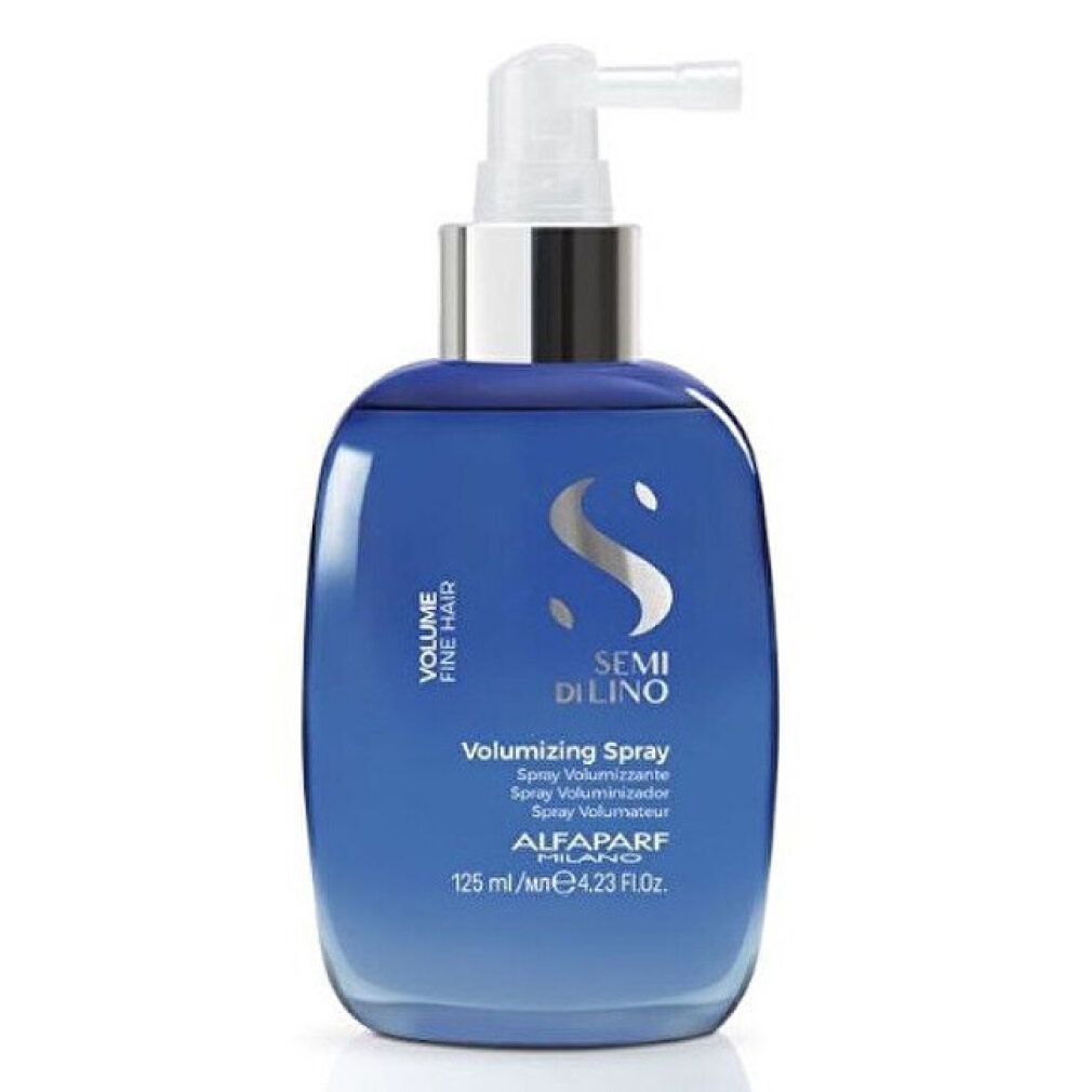 Flacone spray blu con erogatore a pompa argentato. Contiene 125 ml di spray volumizzante per capelli fini.