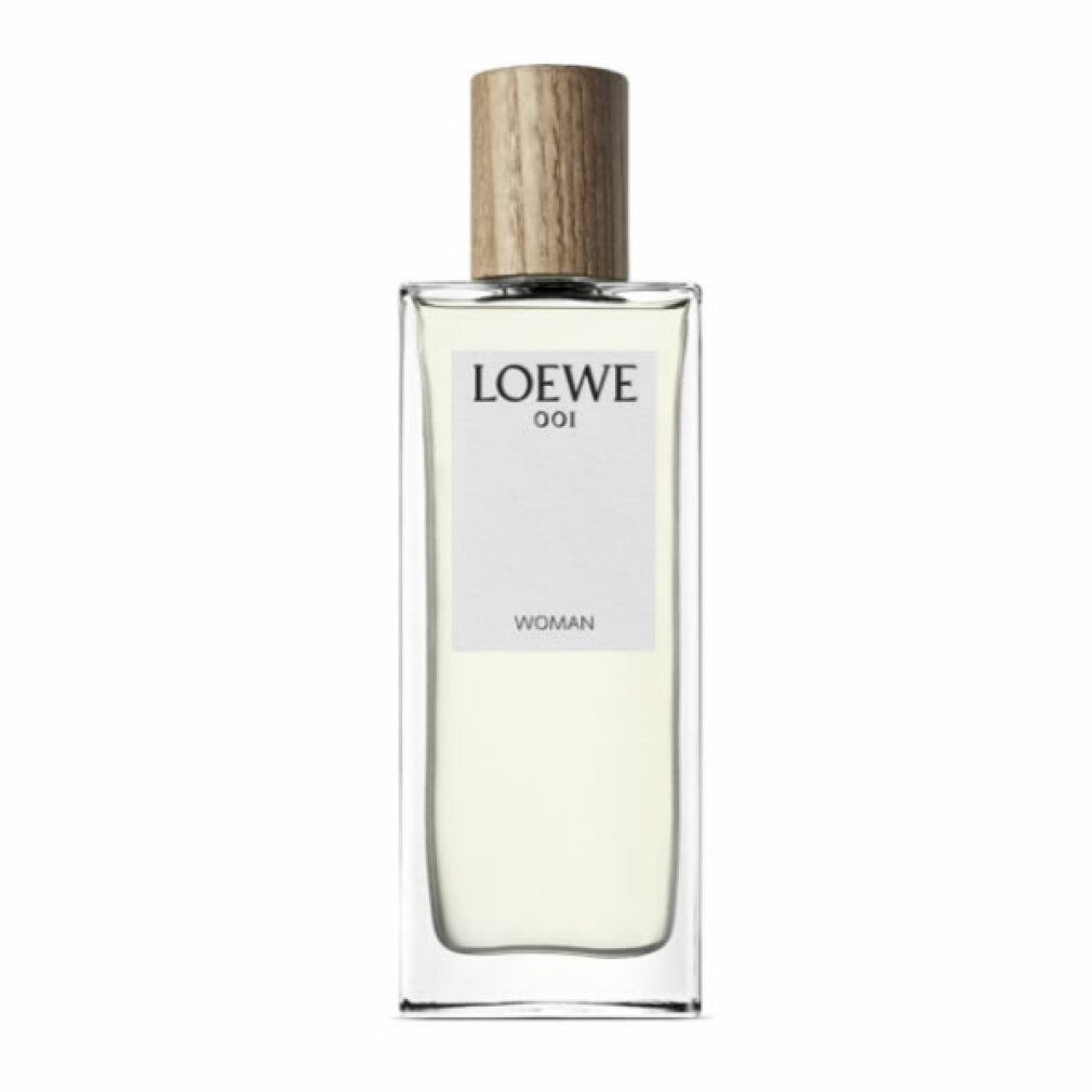 Flacone rettangolare con tappo in legno. L'etichetta riporta "LOEWE 001 WOMAN".