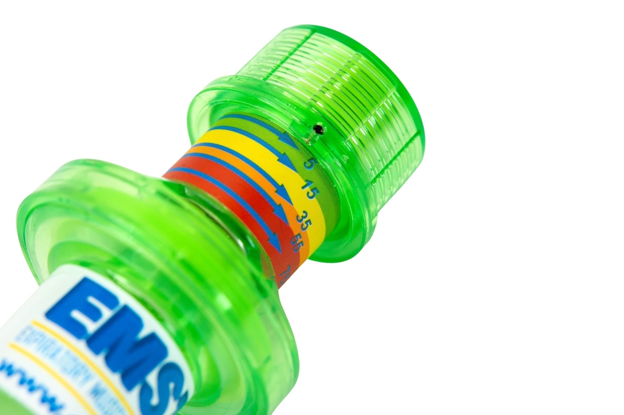 Allenatore respiratorio verde con scala e anelli colorati per regolare la resistenza.