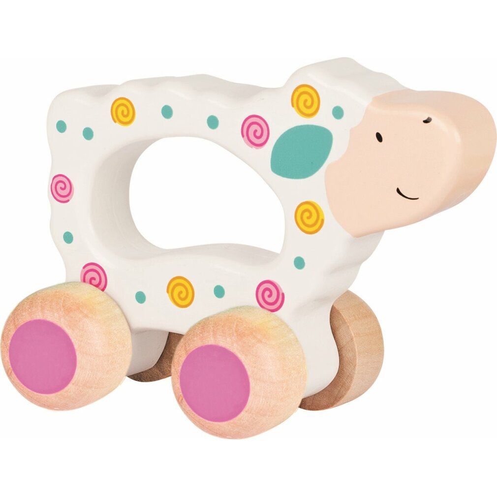 Giocattolo in legno a forma di pecora con ruote. Bianco con pois e spirali colorate. Ruote rosa.