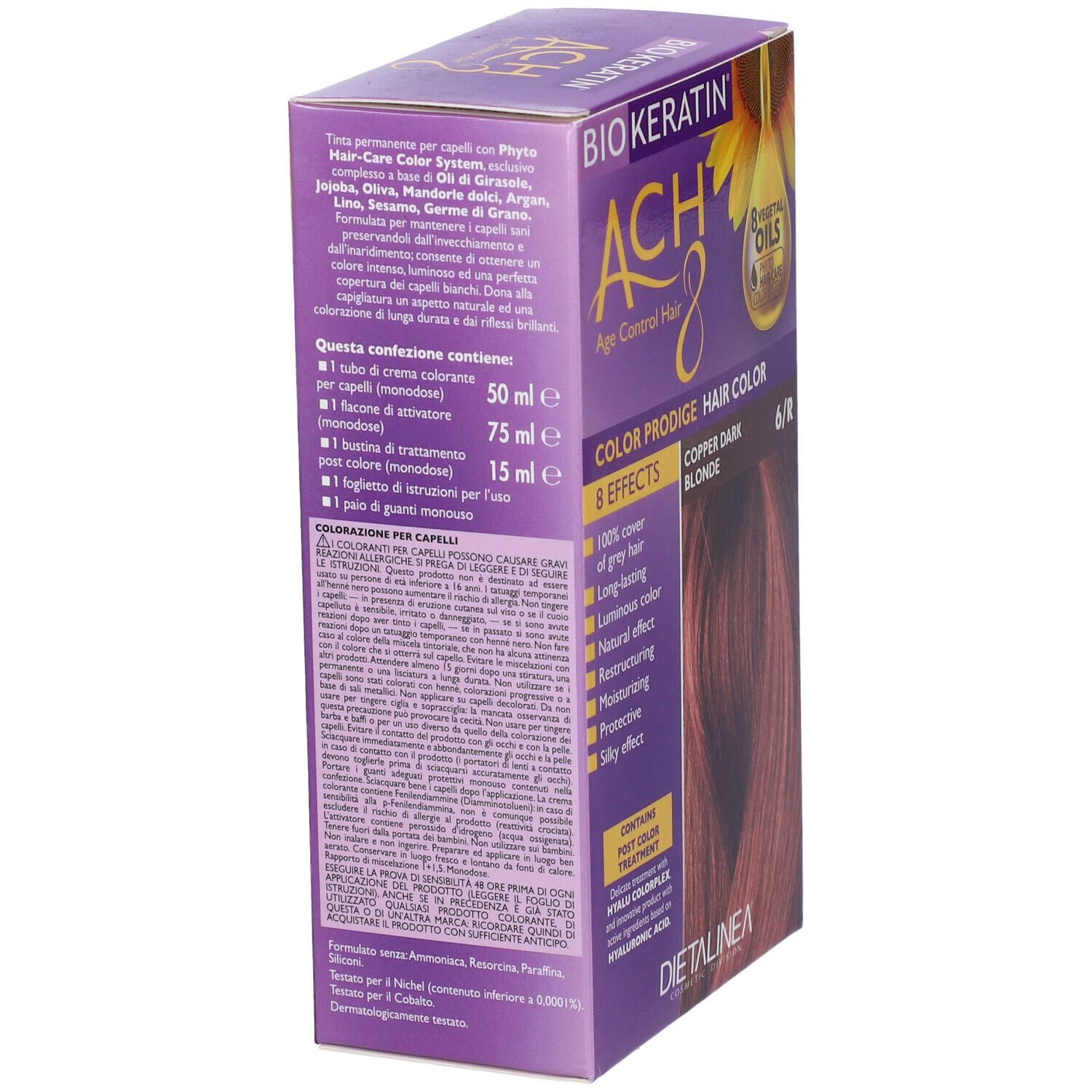 Confezione di tinta per capelli, vista laterale. Scritto: BIOKERATIN ACH8. Contiene: crema, attivatore, trattamento, guanti.