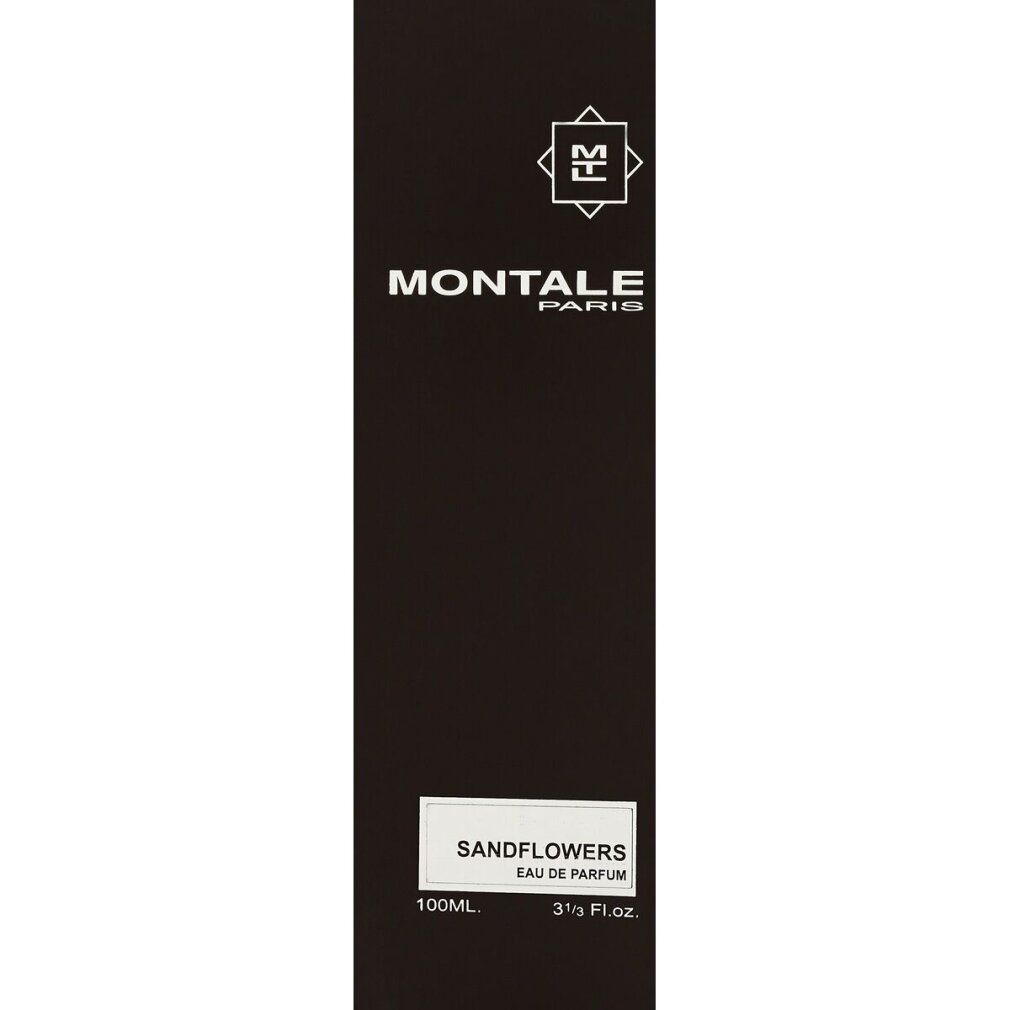 Confezione rettangolare nera. Scritta: Montale Paris, Sandflowers Eau de Parfum. 100ml, 3.4 Fl. Oz.