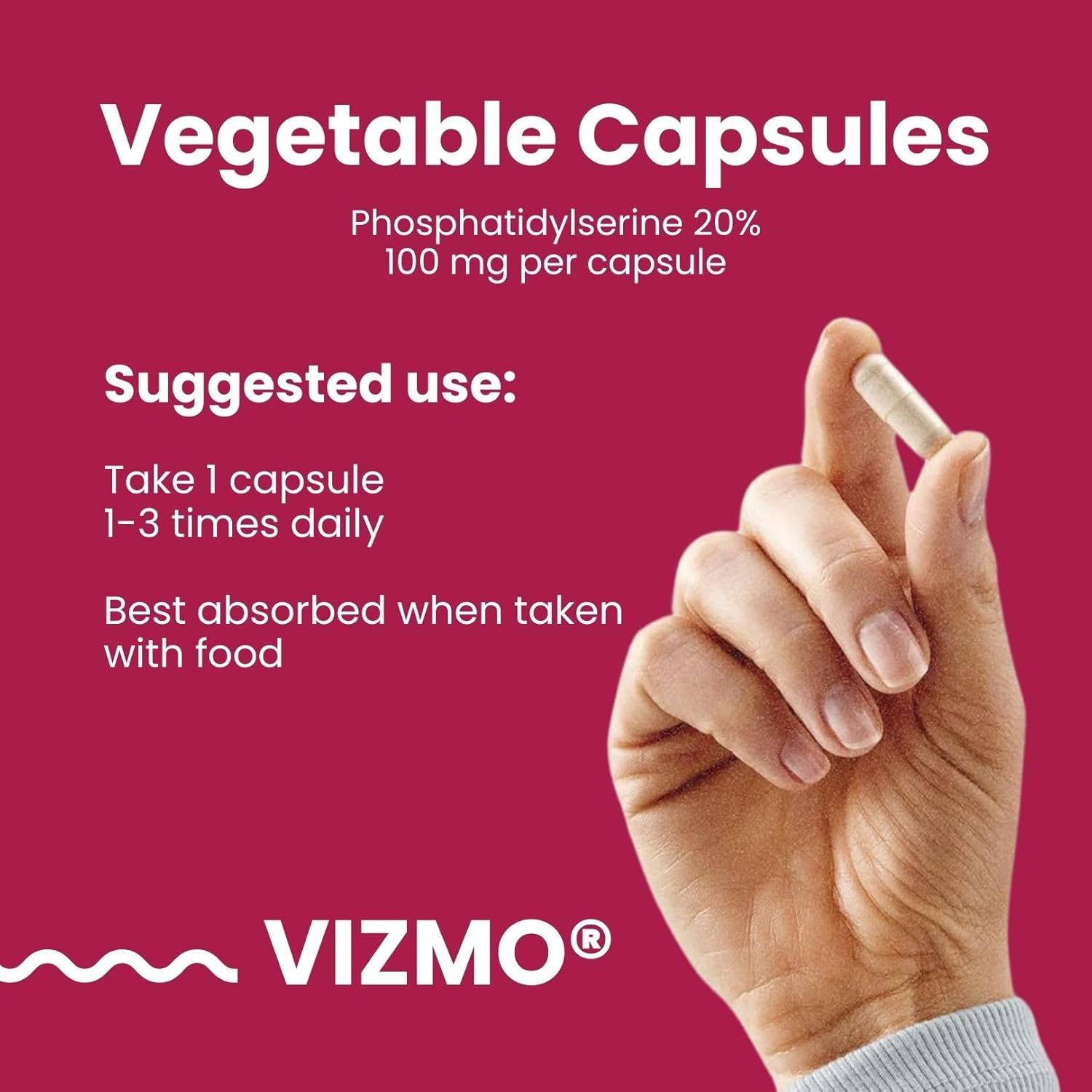 Mano che tiene una capsula. Testo: Fosfatidilserina 20%, 100 mg per capsula. Consigli d'uso.